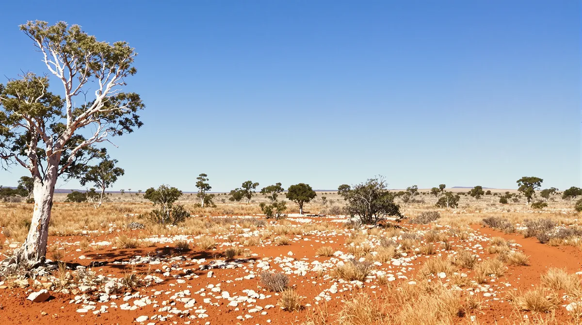 Red earth and sparse gum trees across the Australian goldfields with a faint dirt track