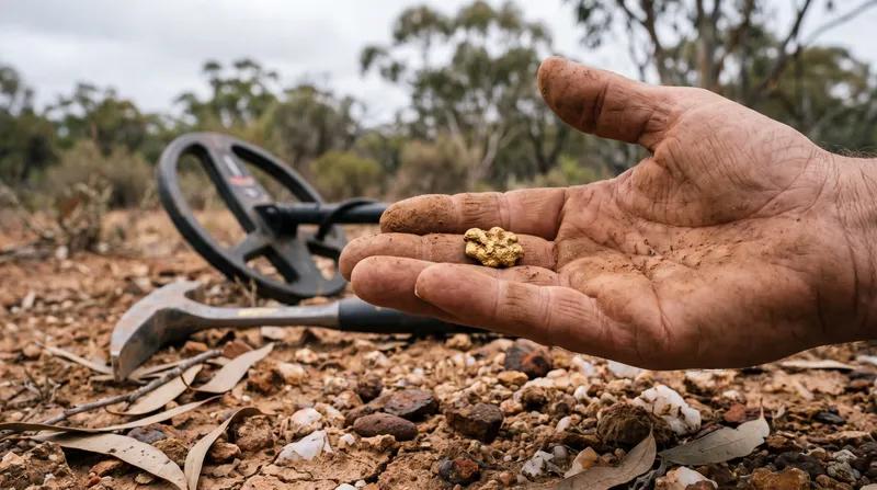 A dirt-stained open palm holding a small natural gold nugget, with a detector coil and a prospecting pick on red-brown ground scattered with ironstone and quartz behind