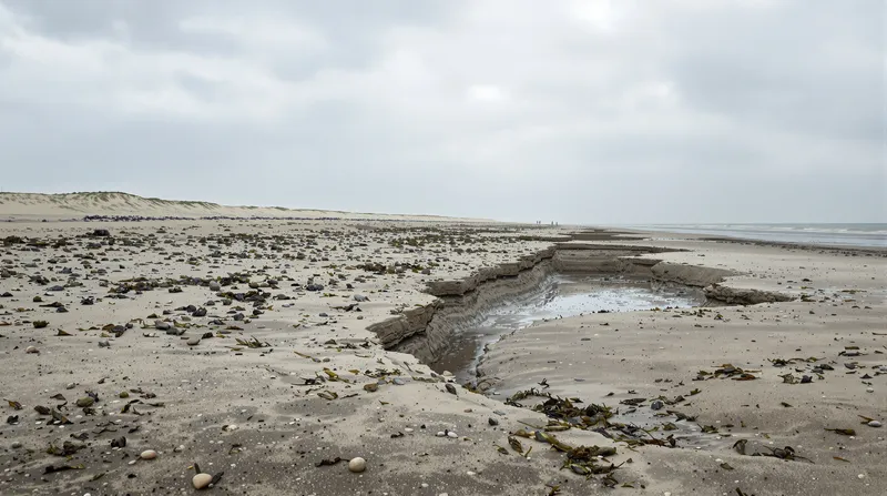A storm-cut step in wet sand exposing darker layers along an empty grey shoreline