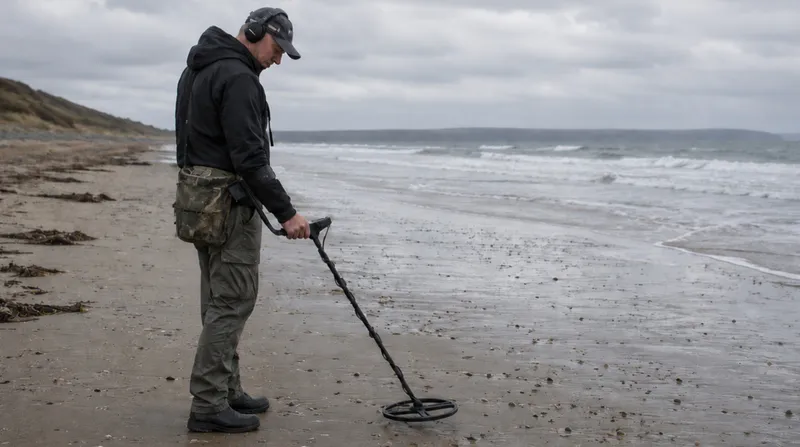 A lone detectorist working the wet sand at low tide on a wide empty beach