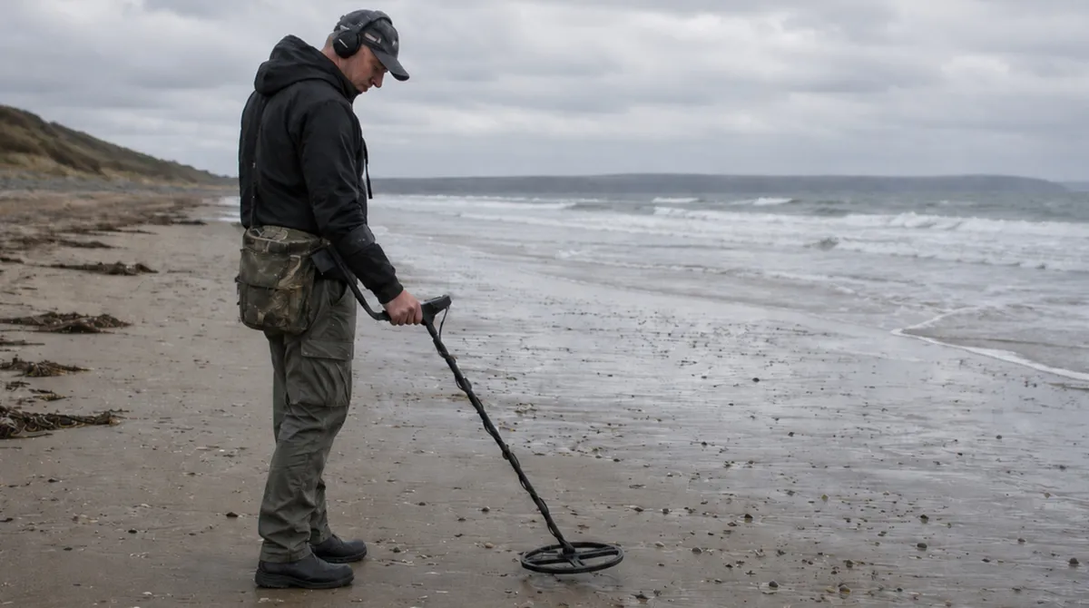 A lone detectorist working the wet sand at low tide on a wide empty beach