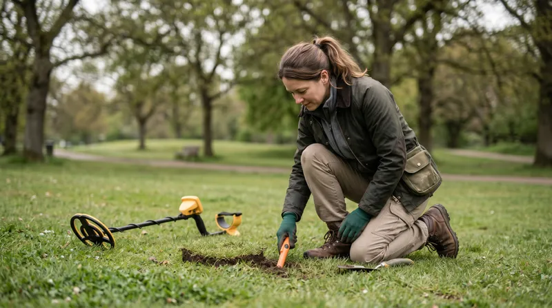A beginner detectorist kneeling to check a dug target in a grassy park