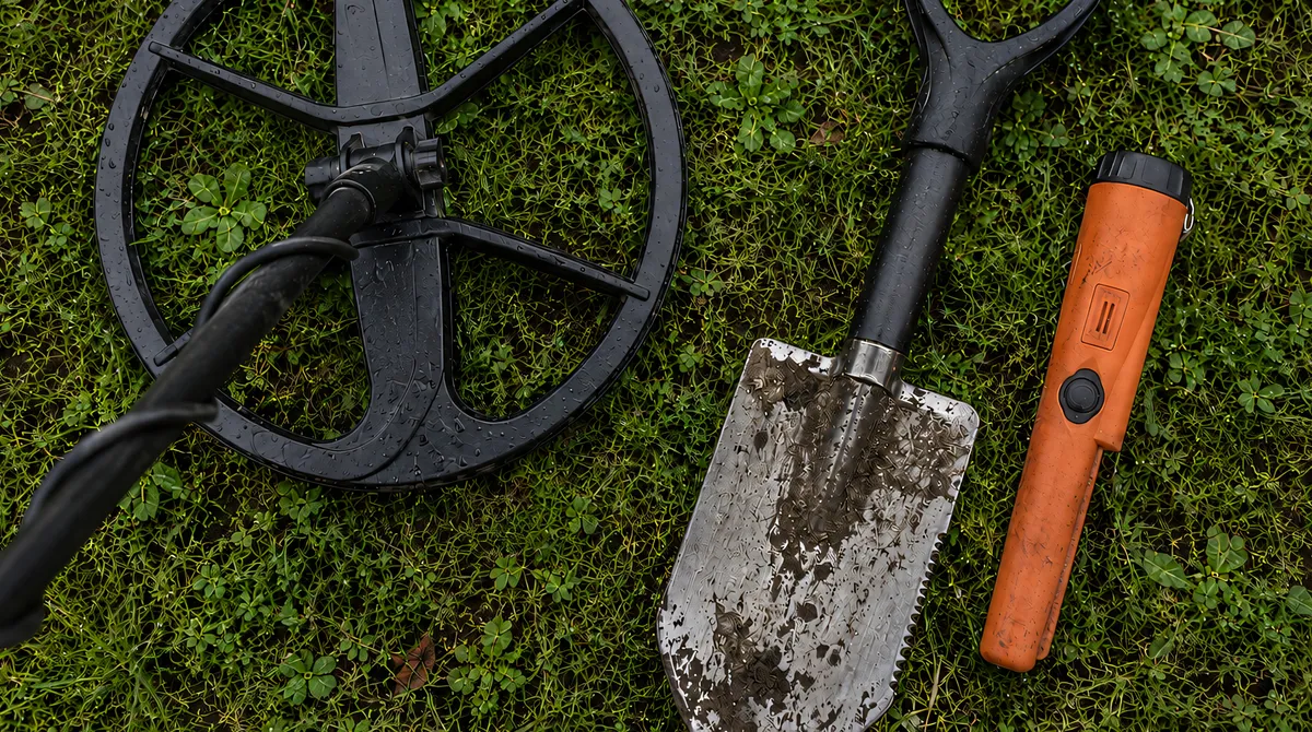 A metal detector search coil resting on grass beside a stainless digging trowel