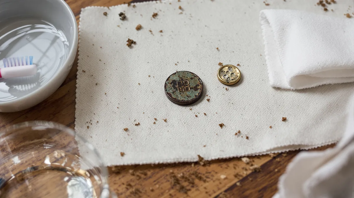 A dug copper coin with green patina and a brass button on a cloth, beside a soft brush and a dish of water