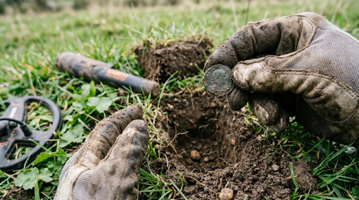 A freshly dug coin photographed in hand beside the open hole