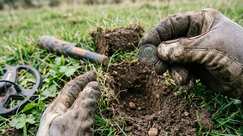 A freshly dug coin photographed in hand beside the open hole