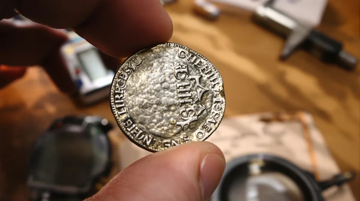 A worn silver hammered coin held in fingertips above a desk with callipers and a loupe