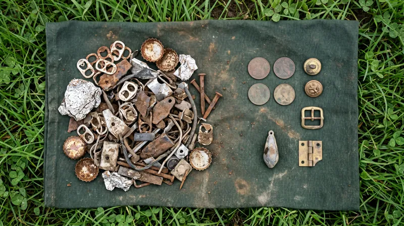 A pile of dug trash beside a few genuine keeper finds on a cloth