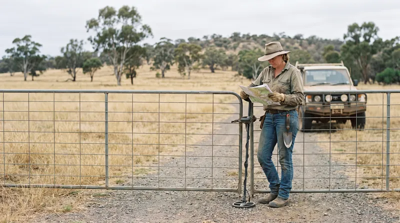A woman in a broad-brimmed hat reading a map at a closed farm gate on a gravel track, her metal detector leaning on the gate and a four-wheel-drive parked behind her among dry paddocks and gum trees