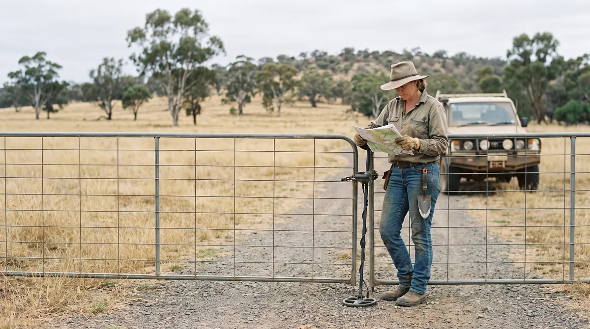 A woman in a broad-brimmed hat reading a map at a closed farm gate on a gravel track, her metal detector leaning on the gate and a four-wheel-drive parked behind her among dry paddocks and gum trees