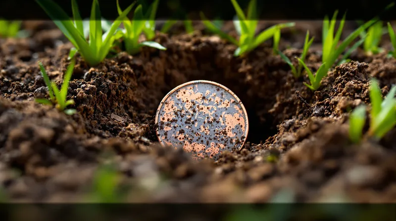 A soil-crusted copper coin resting in a small freshly dug hole in dark earth, with grass shoots around the rim