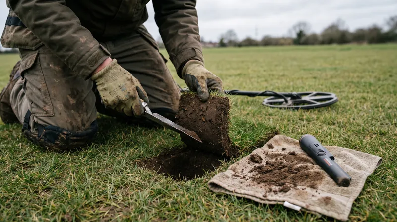 A kneeling detectorist in muddy gloves lifting a plug of turf out of a neat hole with a serrated hand digger, with loose soil and a pinpointer on a towel and a detector lying on the grass behind