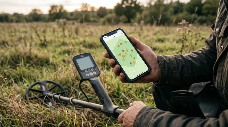 A phone map showing dropped pins across a field with a detector in frame