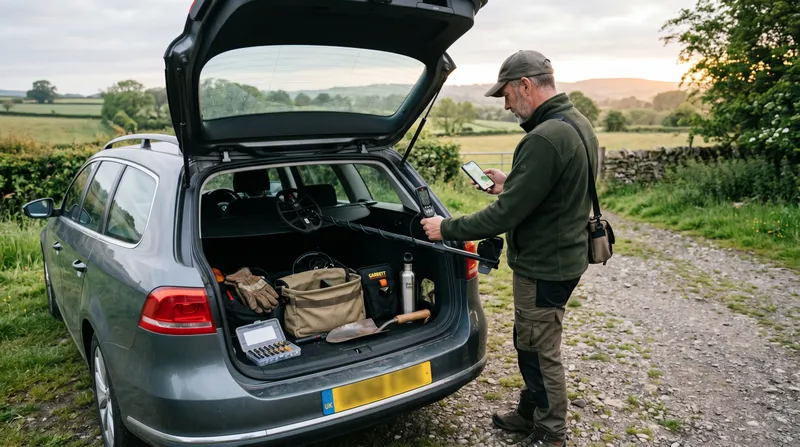 A detectorist checking a phone and gear in a car boot before a hunt