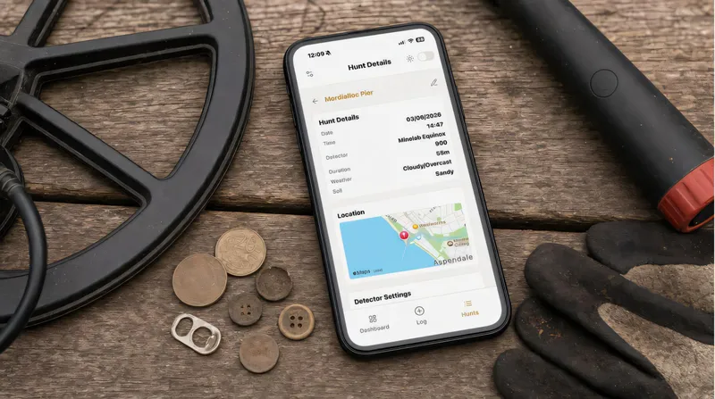 A phone showing a hunt log beside a detector and a handful of finds