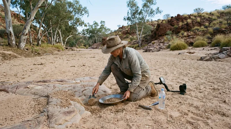 A woman in a broad-brimmed hat kneeling in a dry sandy creek bed, scooping gravel into a gold pan, her metal detector and water bottle beside her, with river red gums and rocky spinifex hills behind