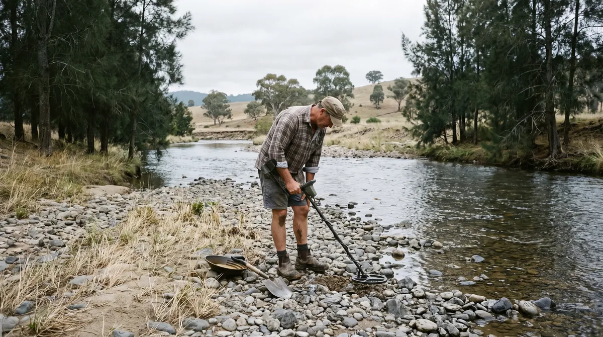 A man in a cap and checked shirt sweeping a metal detector over a gravel bar beside a shallow river lined with river she-oaks, with a gold pan and shovel on the stones