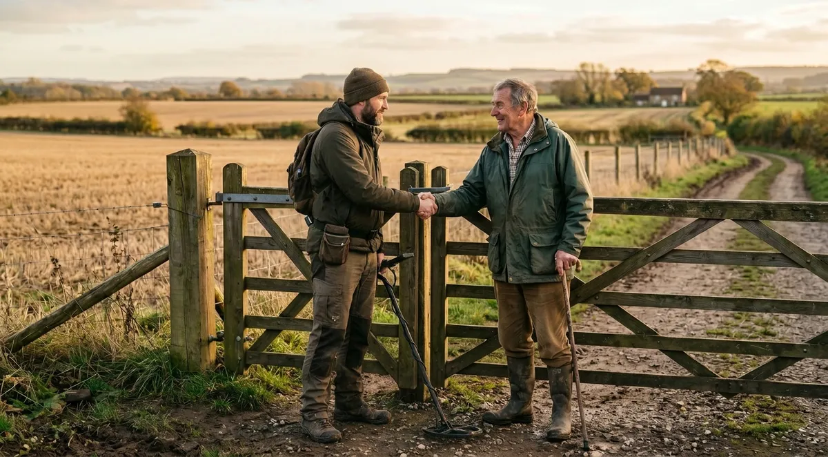 A detectorist shaking hands with a farmer at a field gate