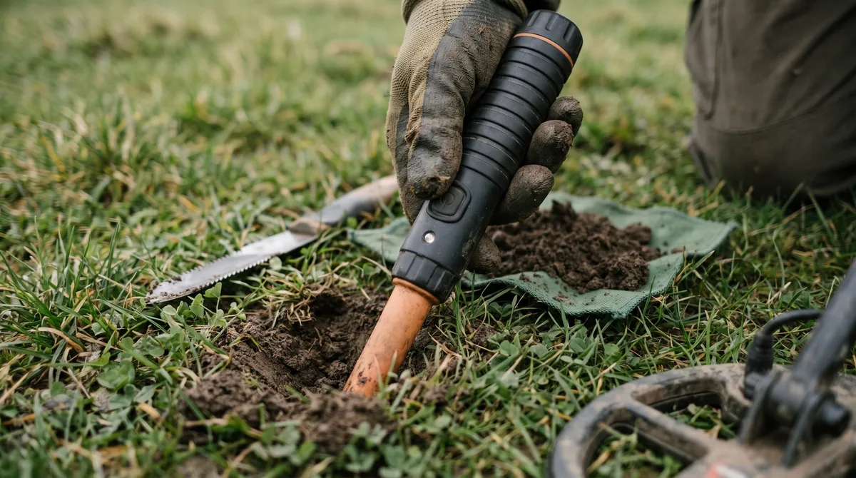 A gloved hand pushing the orange tip of a handheld pinpointer into a freshly dug hole in a grassy field, with the soil on a green cloth, a serrated digging tool and the edge of a detector coil beside it