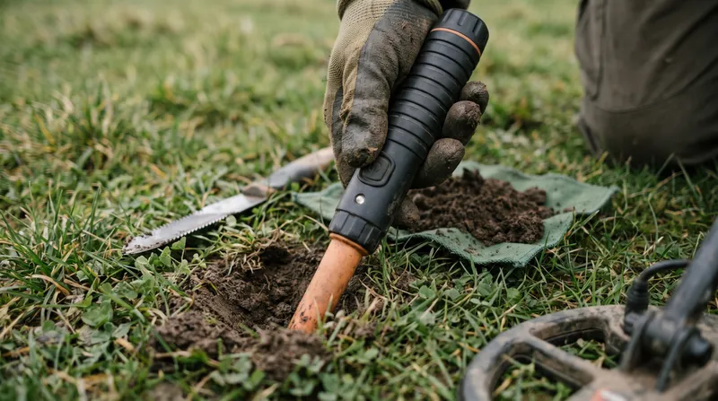 A gloved hand pushing the orange tip of a handheld pinpointer into a freshly dug hole in a grassy field, with the soil on a green cloth, a serrated digging tool and the edge of a detector coil beside it
