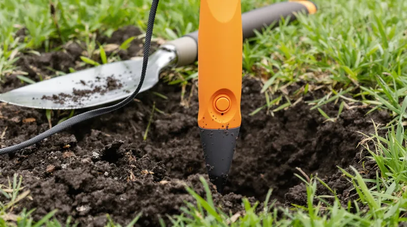 An orange pinpointer probe with its black tapered tip pushed into dark soil beside a stainless trowel