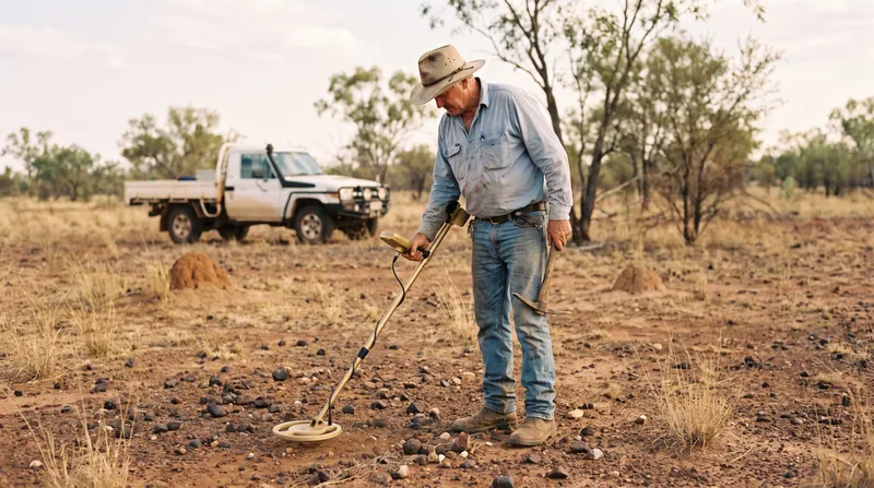 A man in a wide-brimmed hat and work shirt swinging a metal detector over red-brown ground scattered with ironstone gravel, a pick in his other hand, with termite mounds and a white ute behind him in open scrub