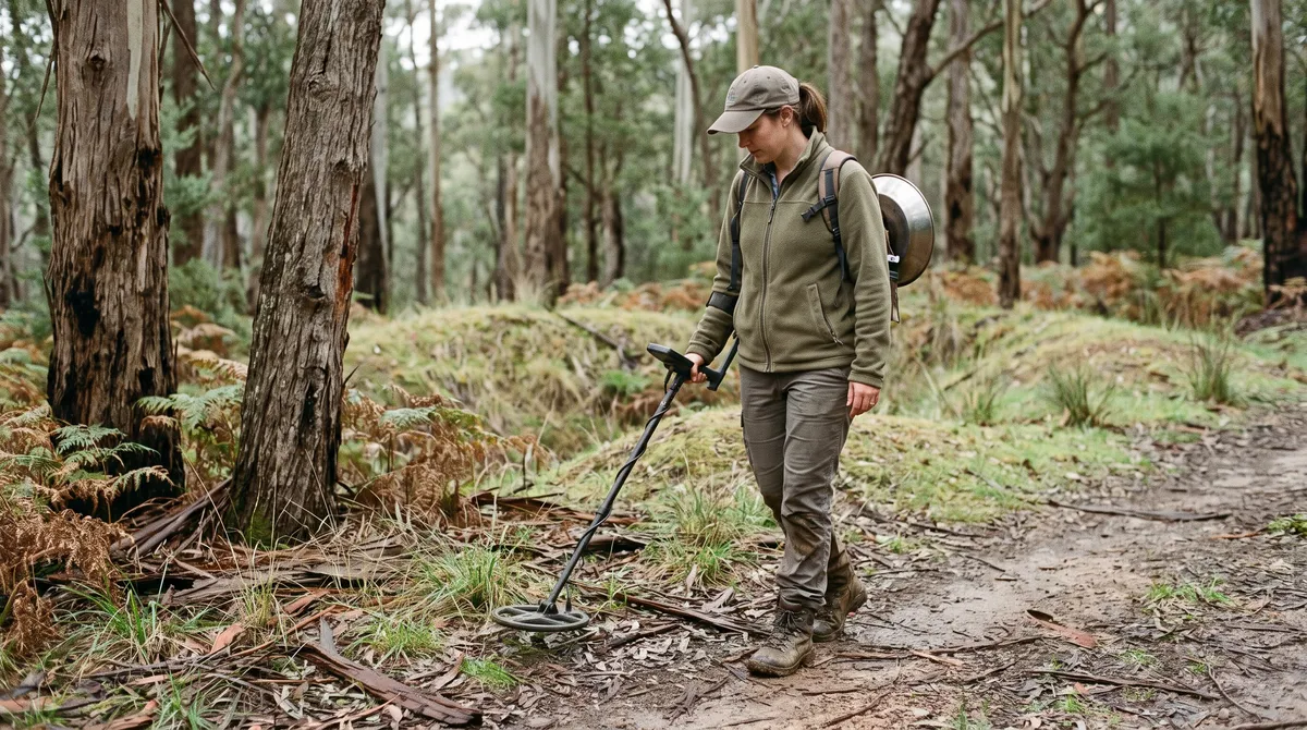 A woman in a cap and fleece walking a dirt track through stringybark forest, sweeping a metal detector beside old grassed-over diggings, with a gold pan strapped to her backpack