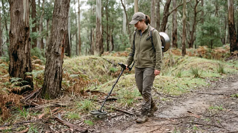 A woman in a cap and fleece walking a dirt track through stringybark forest, sweeping a metal detector beside old grassed-over diggings, with a gold pan strapped to her backpack