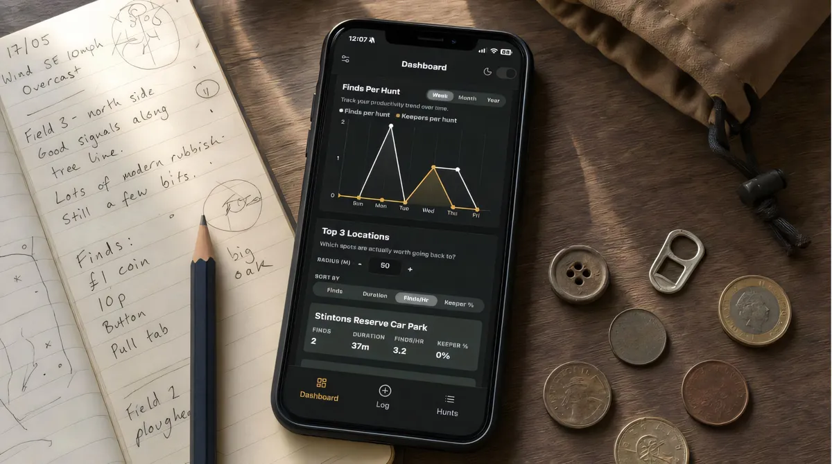 A phone showing detecting analytics charts beside a notebook and finds