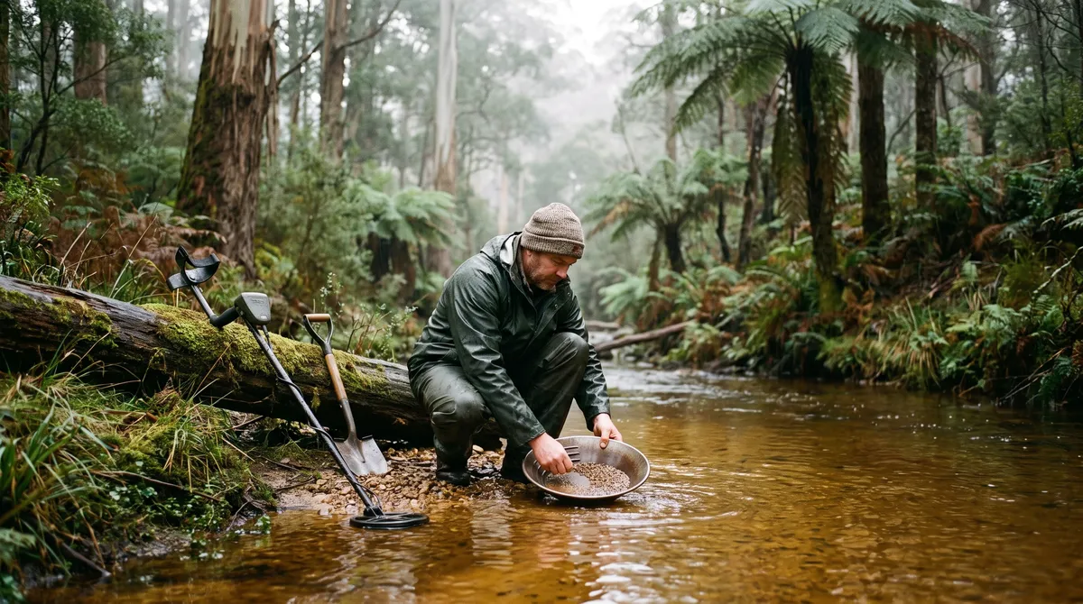 A man in a beanie and rain jacket crouching in a tea-coloured forest creek, swirling gravel in a gold pan, with his metal detector and a shovel leaning on a mossy log among tree ferns