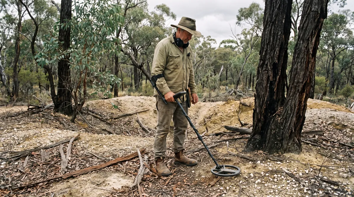 A detectorist in a wide-brimmed hat and headphones sweeping a metal detector across quartz gravel between old diggings and mullock heaps in dry box-ironbark forest