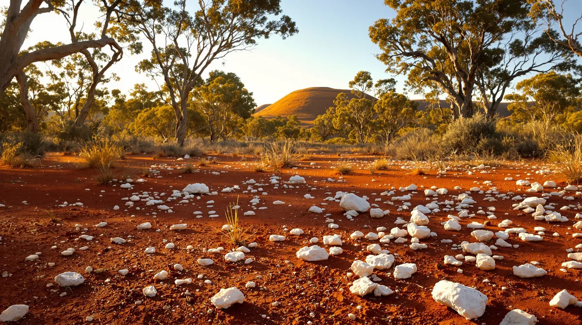 Australian goldfields bushland at low sun — gum trees over red earth scattered with white quartz, a rounded hill in the distance