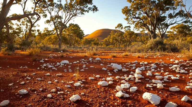 Australian goldfields bushland at low sun — gum trees over red earth scattered with white quartz, a rounded hill in the distance