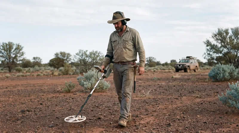 A bearded prospector in a broad-brimmed hat and headphones sweeping a gold detector across flat red earth and ironstone gravel, a pick on his belt, with saltbush, mulga and a four-wheel-drive in the distance