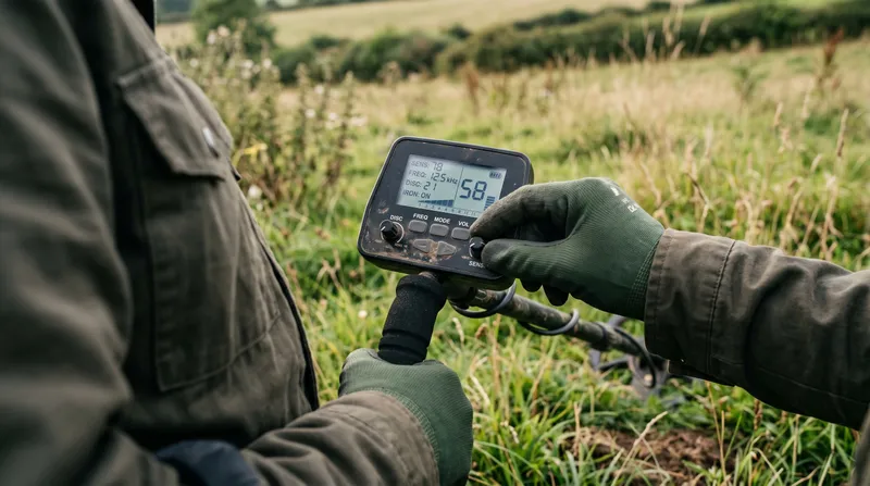 Hands adjusting the control panel of a metal detector in a field