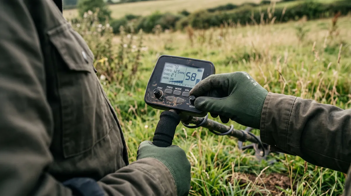 Hands adjusting the control panel of a metal detector in a field