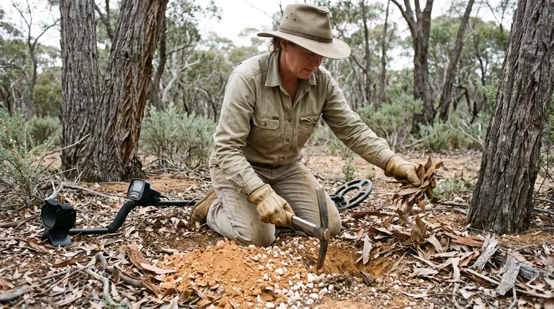 A prospector in a khaki work shirt, gloves and a wide-brimmed hat kneeling in dry box-ironbark forest, pushing soil and quartz gravel back into a hole with a pick and spreading leaf litter over it, her metal detector lying on the ground beside her