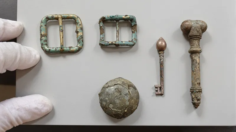 Small corroded metal artefacts laid out in rows on grey card for archaeological recording