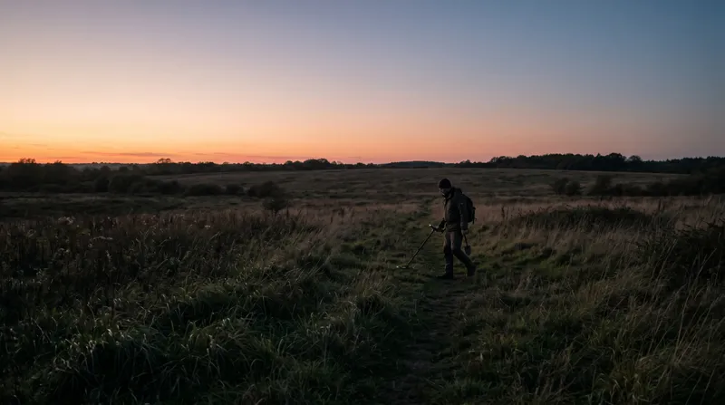 A detectorist standing alone in a quiet field at dusk, location unidentifiable
