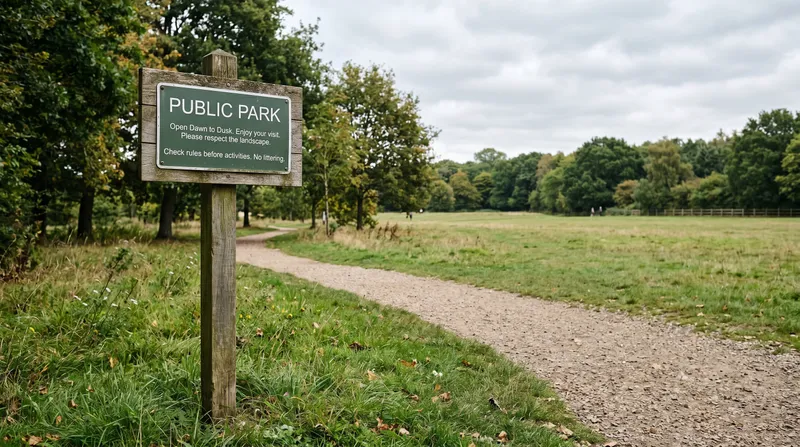 A signpost at the edge of a public park beside open detecting ground