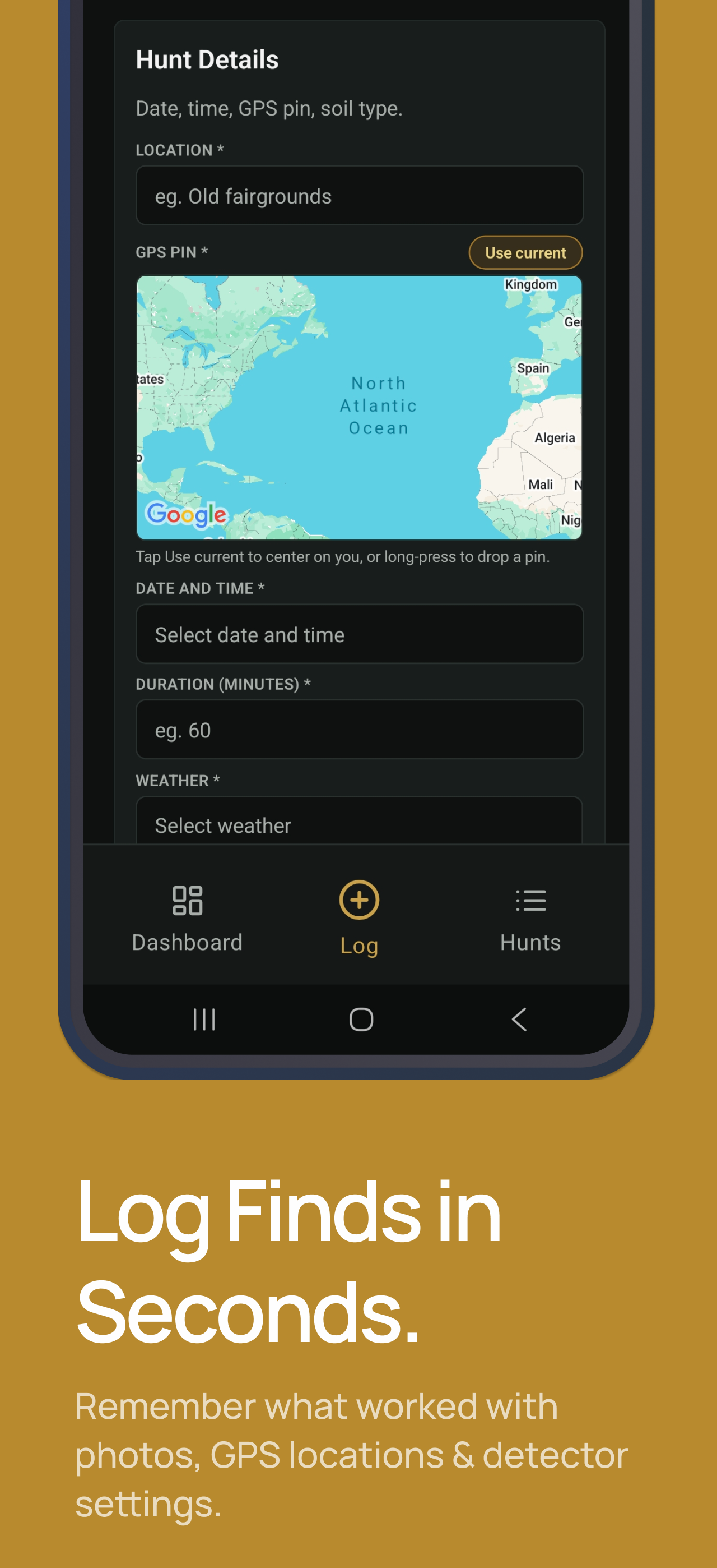 Log a hunt screen with GPS pin, location name, date and weather fields
