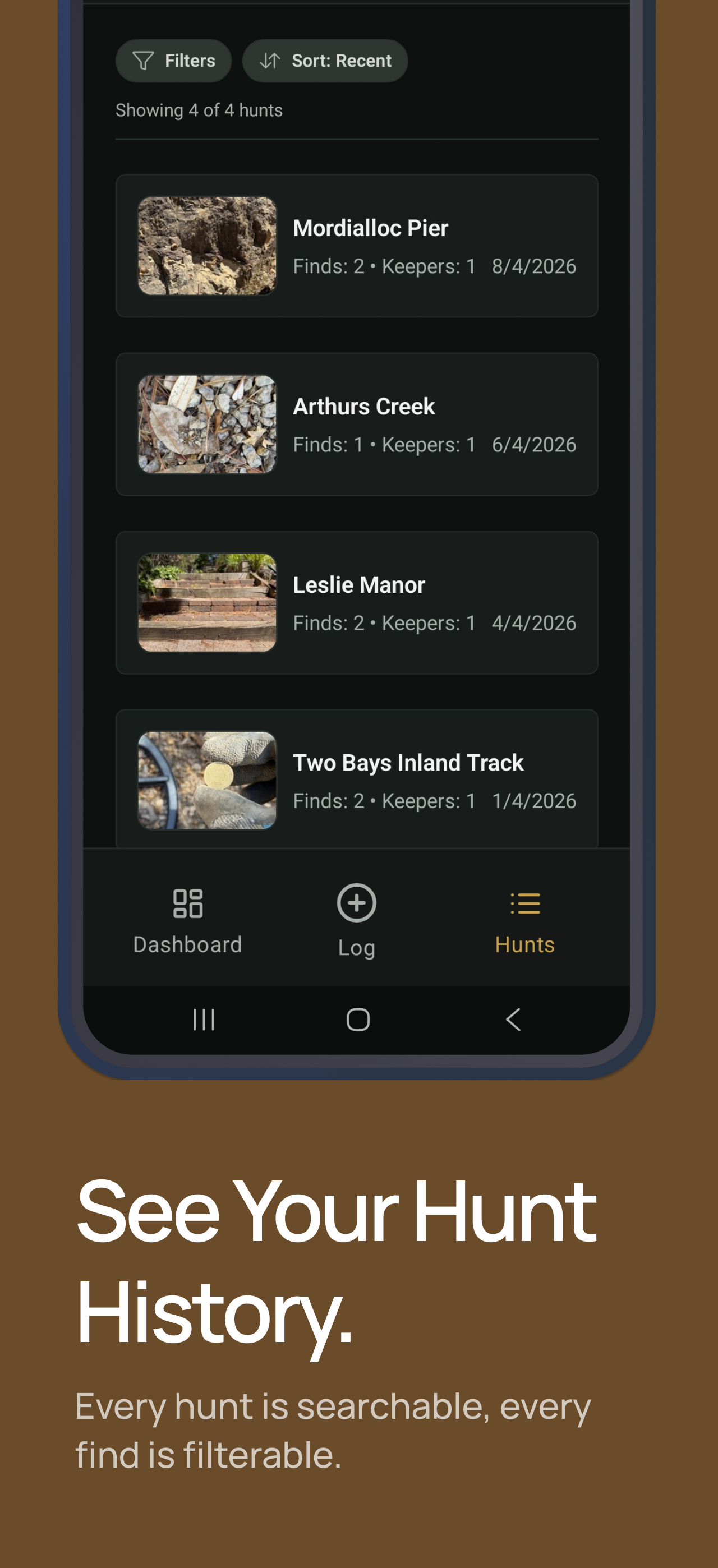 Hunt history list showing location names with finds and keeper counts