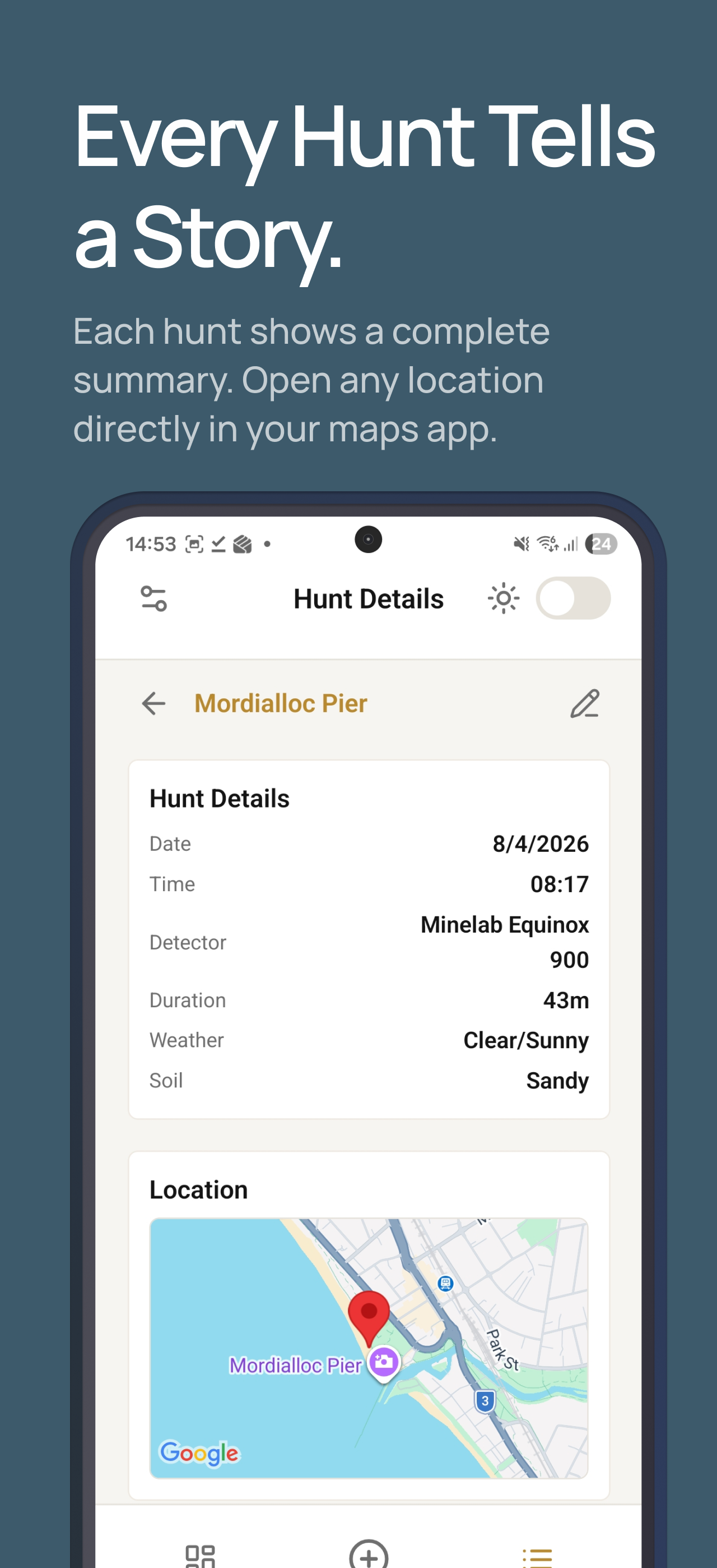 Hunt details page with detector settings, duration, weather and map location