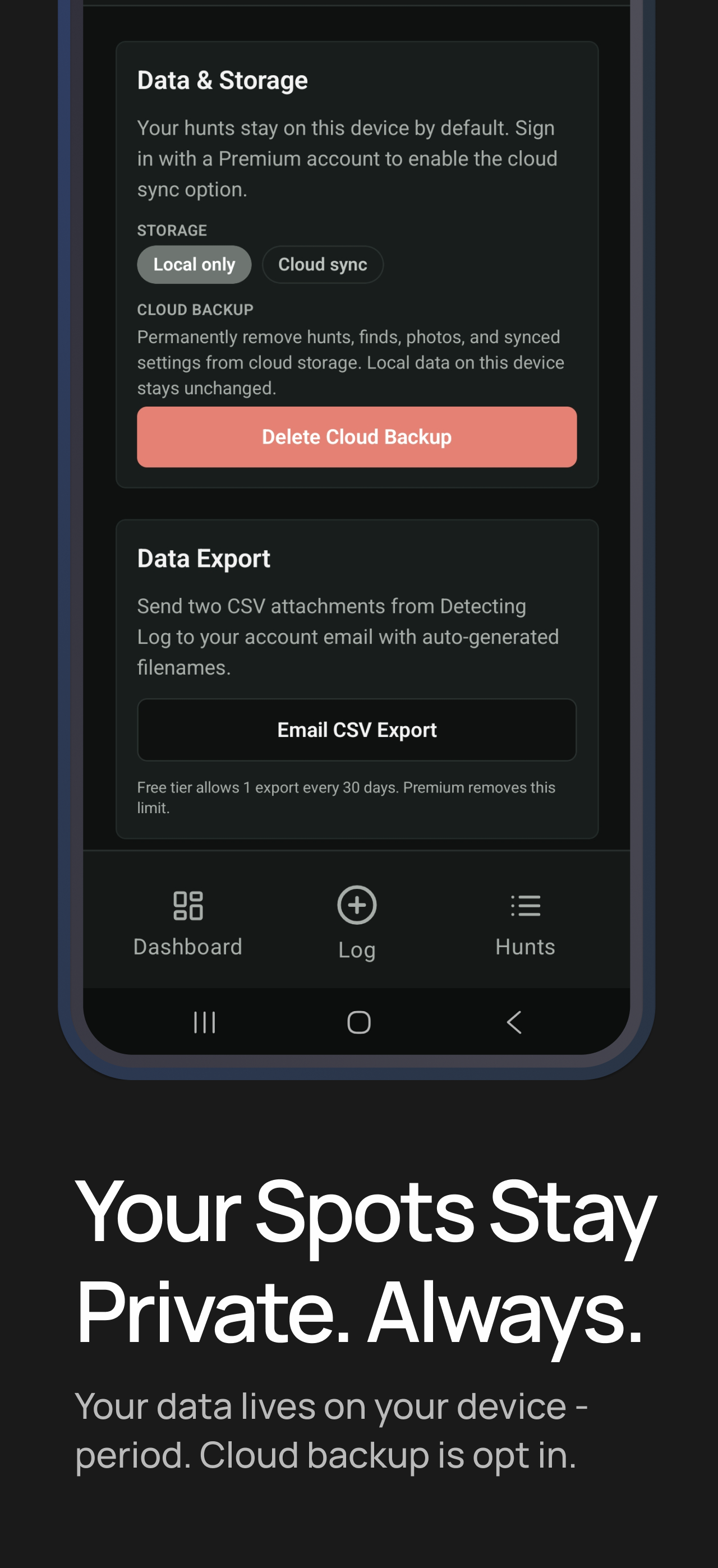 Privacy settings showing local-only storage by default and CSV data export